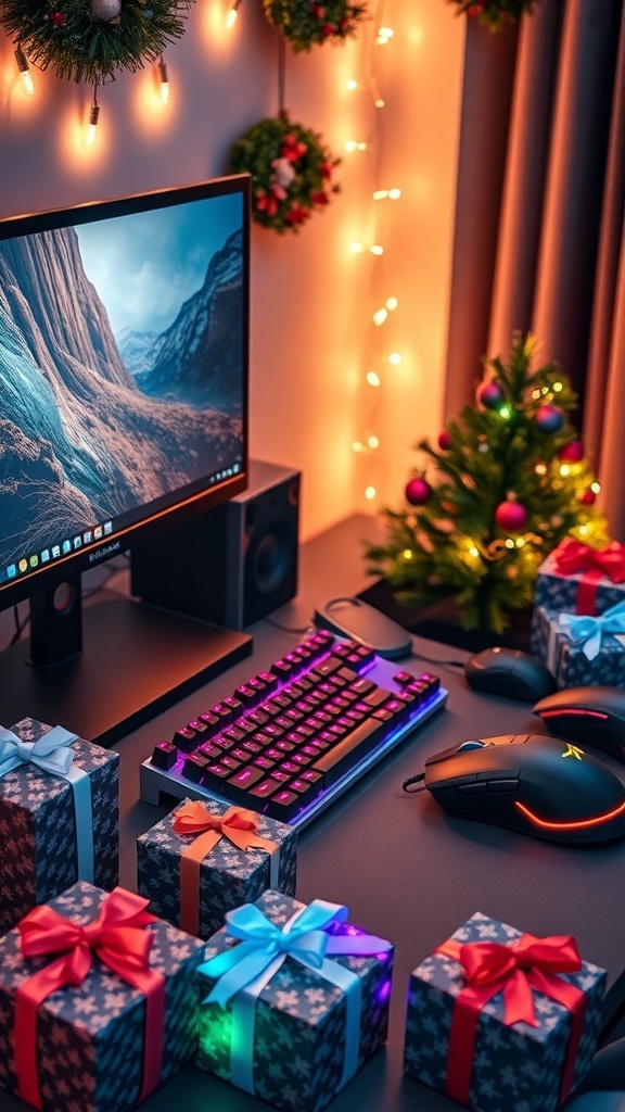 A computer desk decorated for Christmas with gaming gear and wrapped presents.